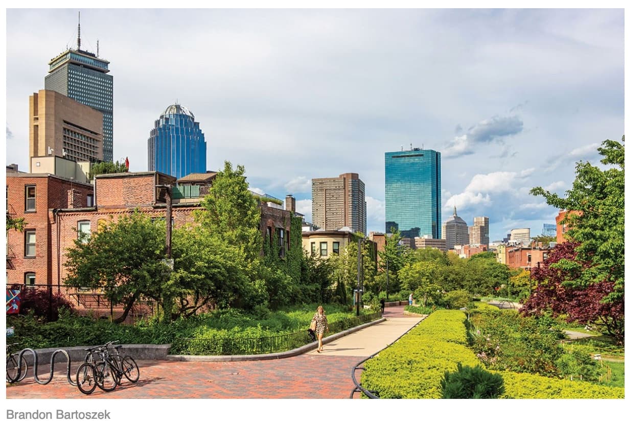Southwest Corridor Park pathway lined with trees, with the Boston skyline in the background